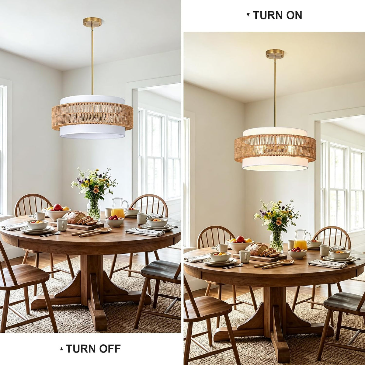4-light rattan chandelier for dining room, 19.7" boho showing dimensions