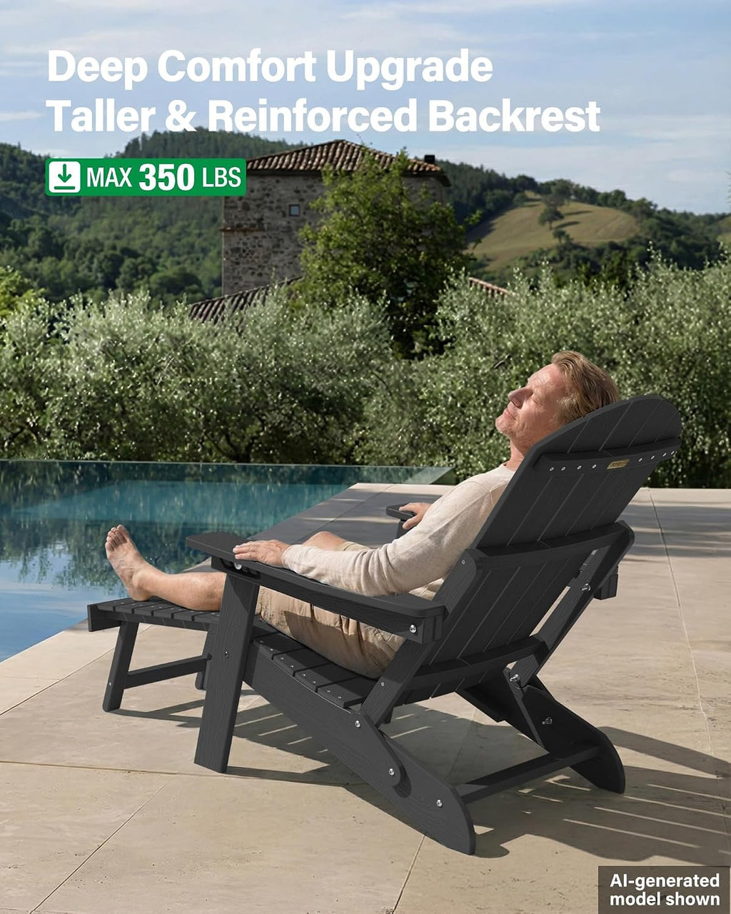 YEFU Adjustable Adirondack Chair with Footrest,All-Weather, Set of 2,Black