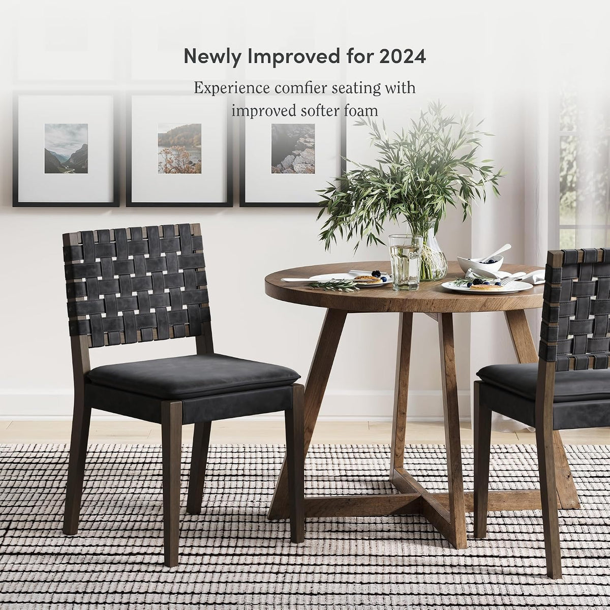 Nathan James Cohen 19 in. Wood Dining Chair, Mid-Century Modern Upholstered Side Chair with Hand Woven Faux Suede Backrest, Black