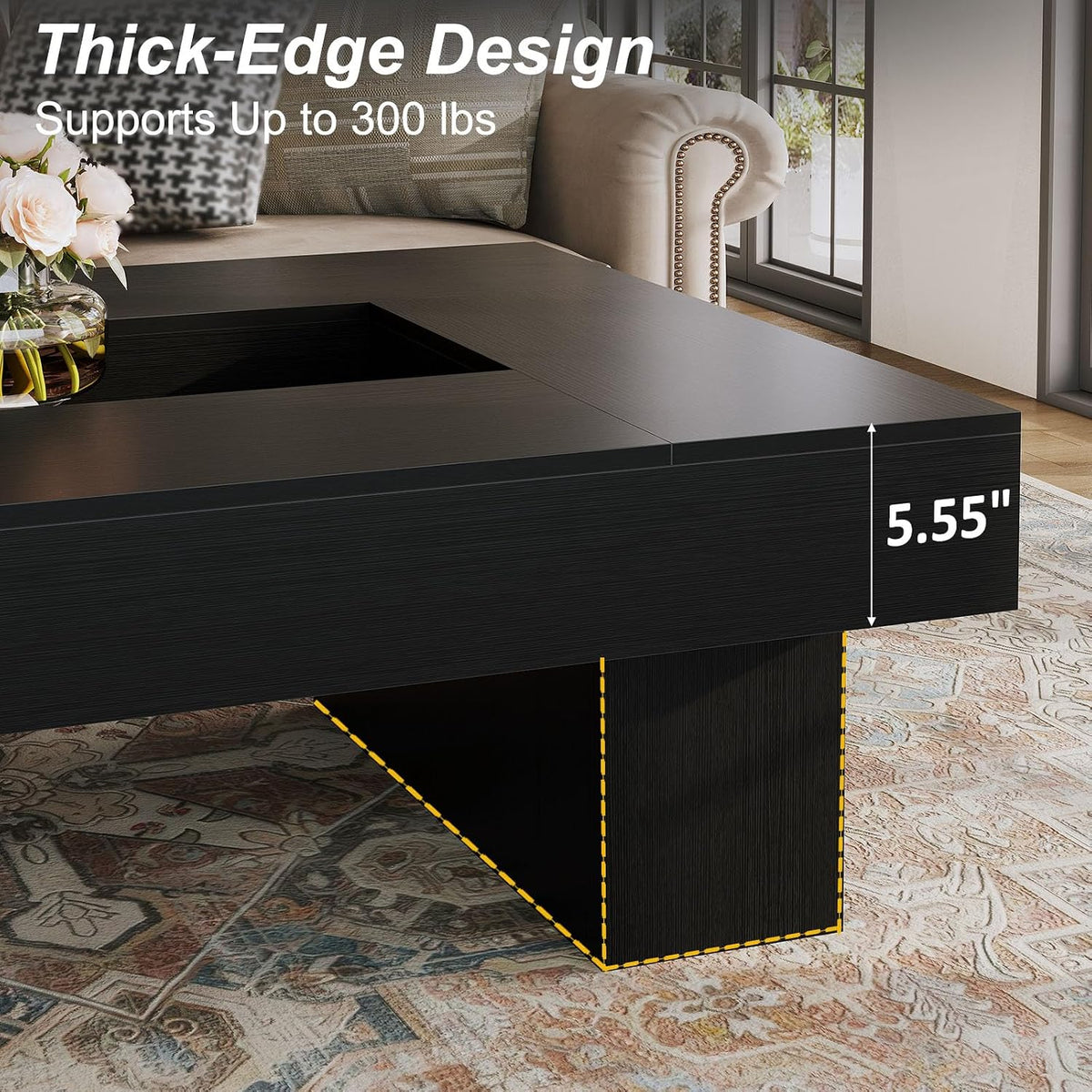 LVB 47"X31" Large Rectangle Black Oak Coffee Table with Storage Living Room