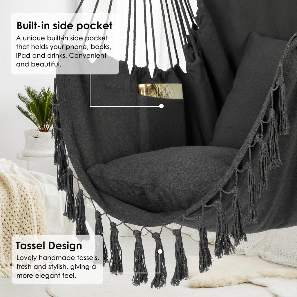 Y- STOP Hammock Chair Hanging Rope Swing, Max 500 Lbs, 2 Cushions Included, Large Macrame Hanging Chair with Pocket, Cotton Weave for Superior Comfort, Durability (Dark Grey)