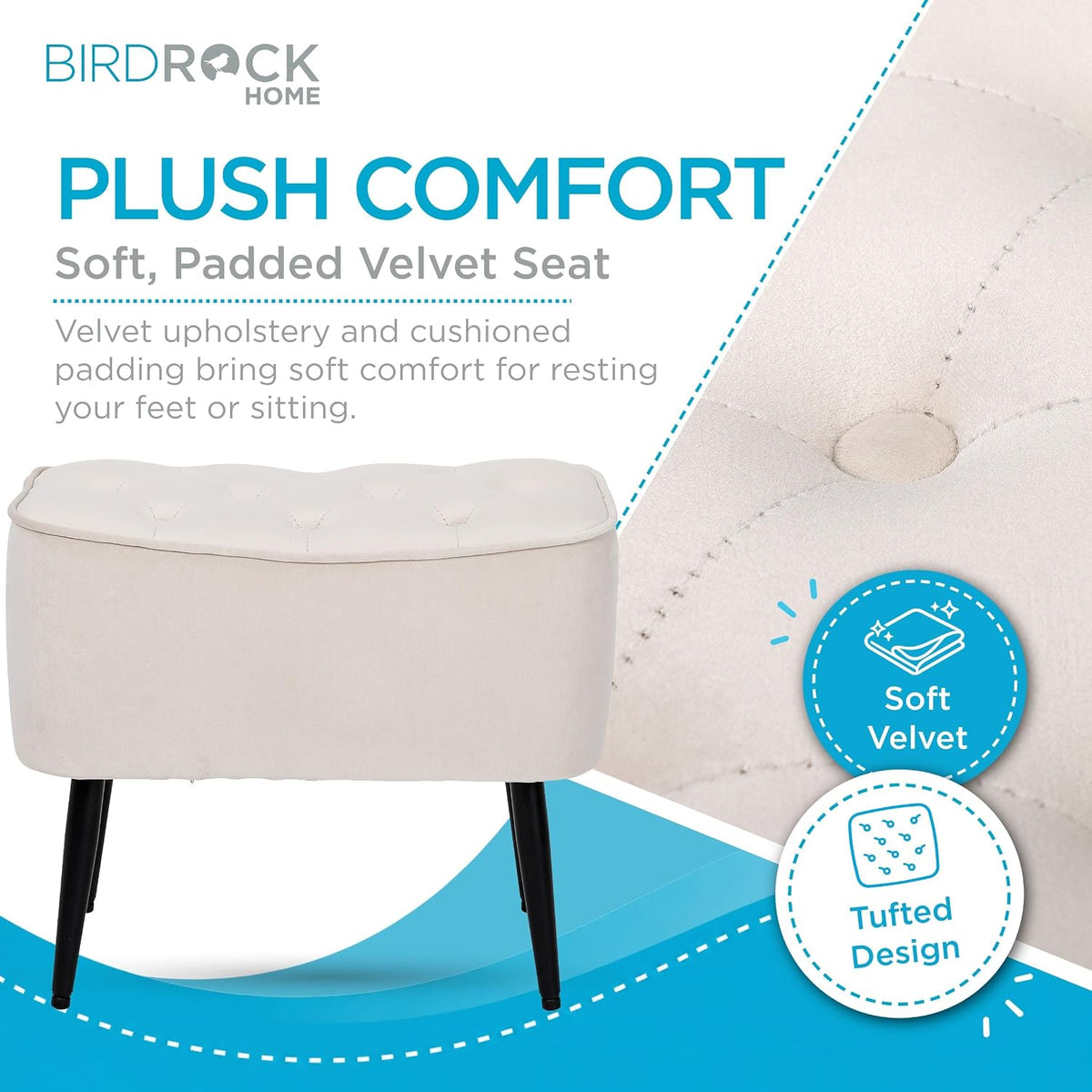 BIRDROCK HOME Tufted Curve Ottoman Velvet Foot Stool - Modern Upholstered Padded Footrest for Living Room or Bedroom - Small Cushioned Accent Chair for Couch, Sofa, or Extra Seating (Tan)
