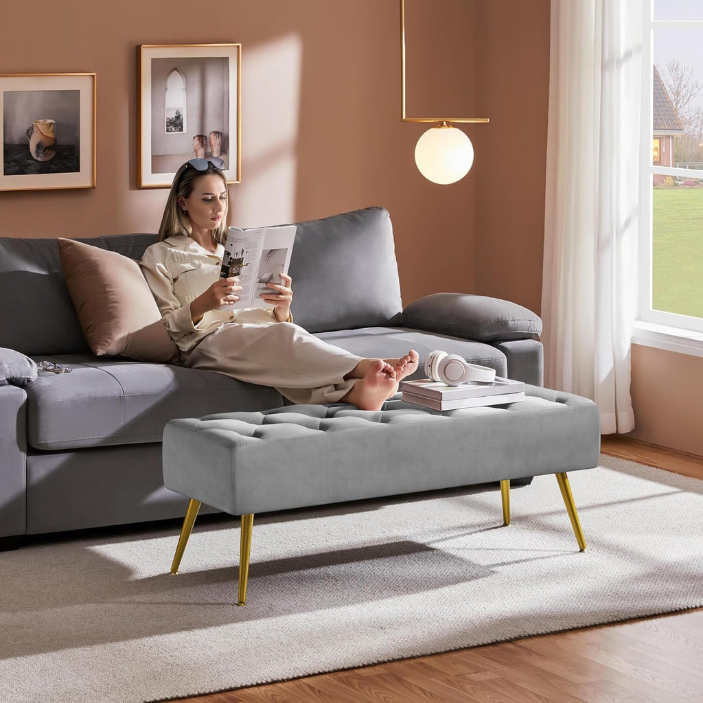 Yaheetech 45in Upholstered Velvet Ottoman Bench Seat with Gold Legs, Gray