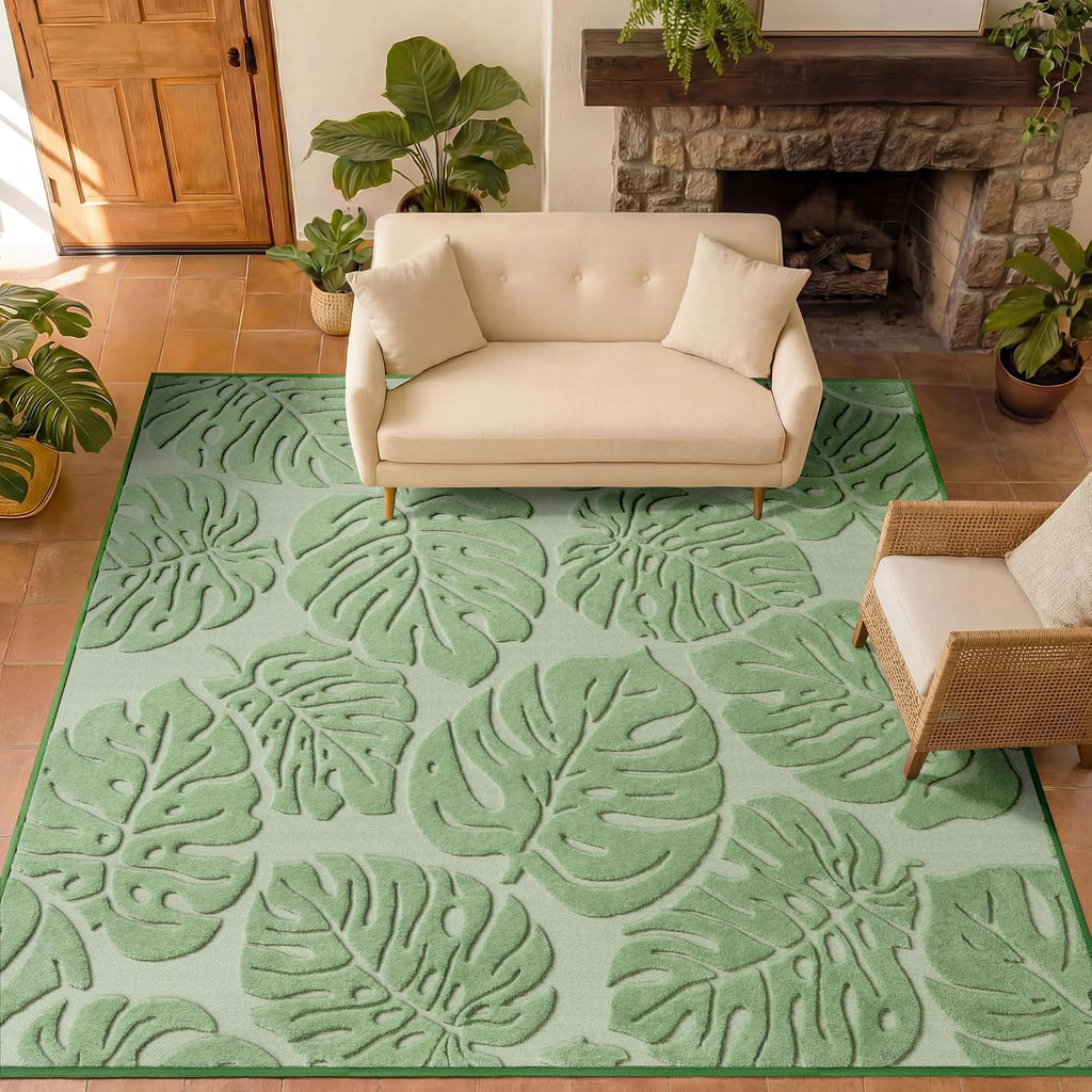 Sage Green Monstera 8x10 Area Rugs High-Low Plush Pile Washable