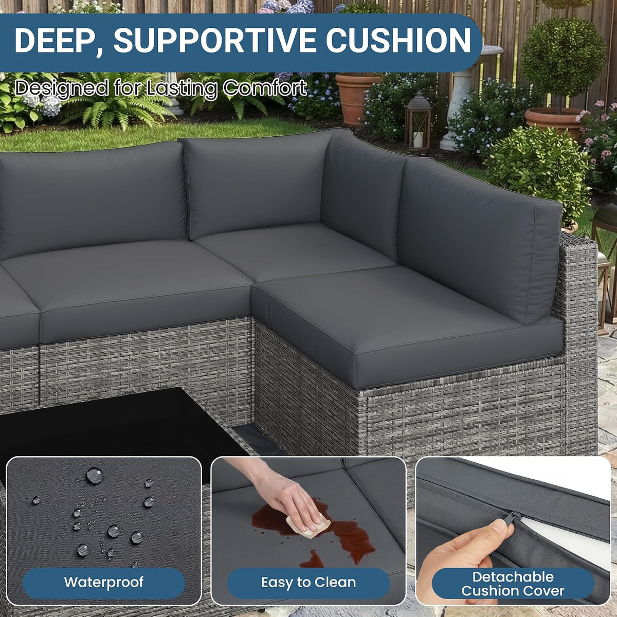 Wisteria Lane 7 Pieces Wicker Patio Furniture Set, All-Weather Patio Sectional Sofa with Coffee Table, Outdoor Sectional Furniture for Garden Backyard, Grey