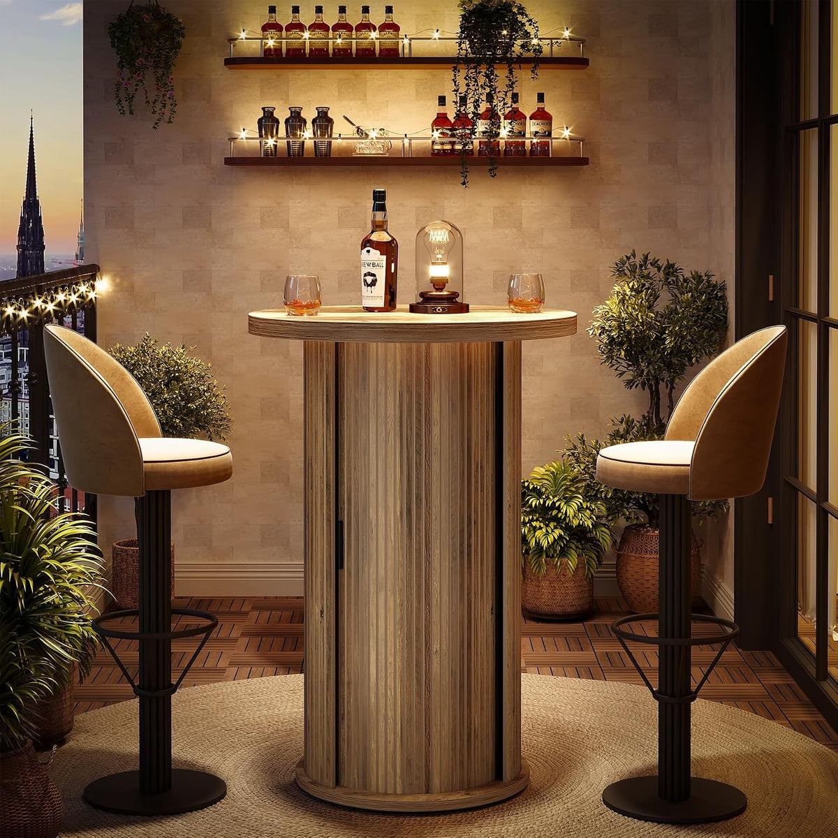 Tribesigns Round Bar Table, 35.4" Rustic Cocktail Table with 3-Tier Hidden Storage Shelves, High Top Bistro Pub Table with Slide Door for Small Spaces, Kitchen, Parties (1, Brown)