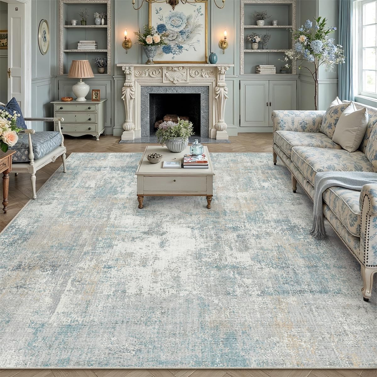 8x10 Blue Cream Abstract Area Rug