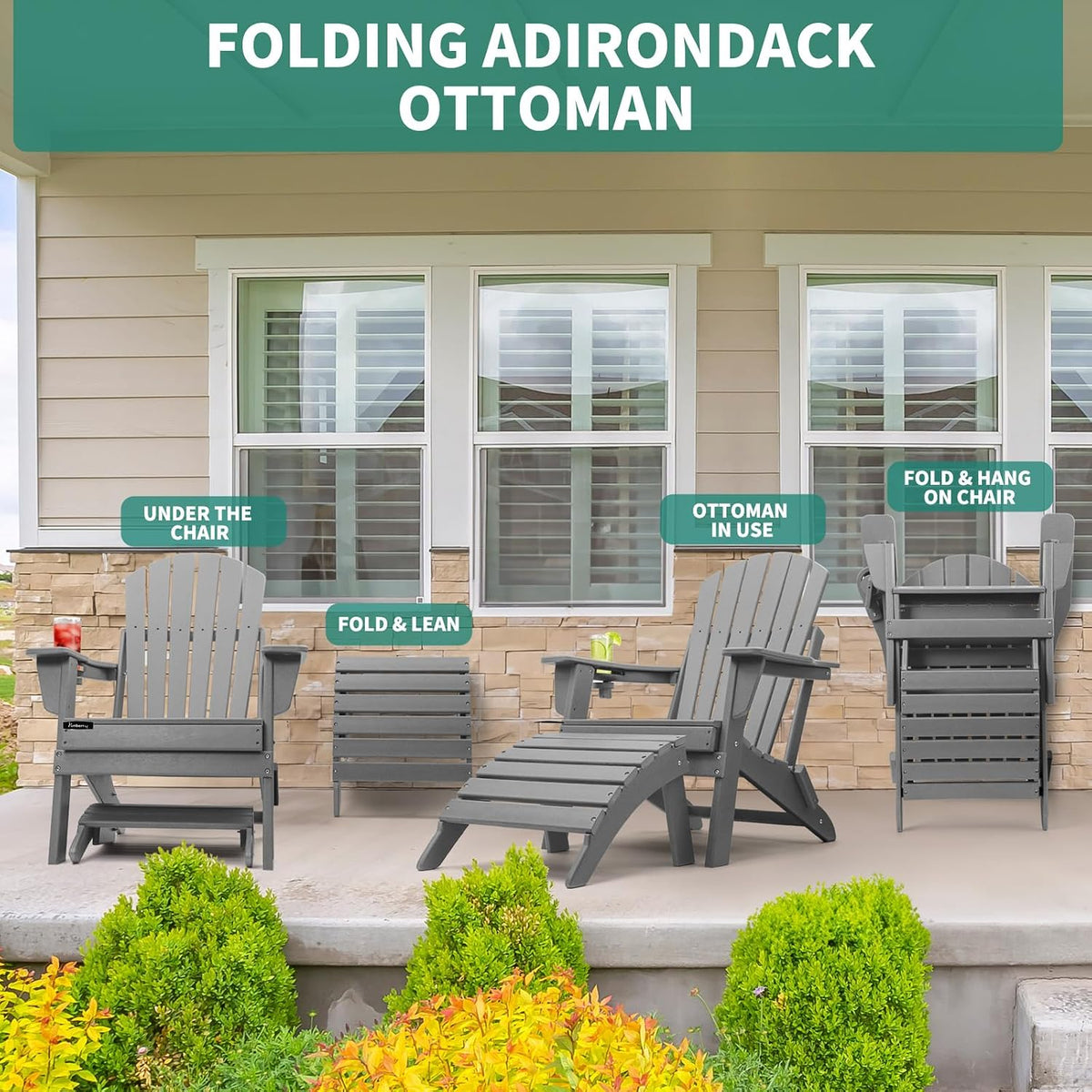 Folding Adirondack Ottoman Set of 2, Outdoor Foot Rest, Patio Footstool