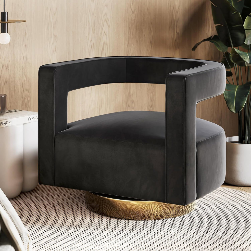 BELLEZE Swivel Barrel Accent Chair Set of 2, Modern Upholstered Arm Comfy Velvet Curved Back Round Chair with Gold Base Wood Frame, 360 Degree for Living Room Bedroom Office,Black