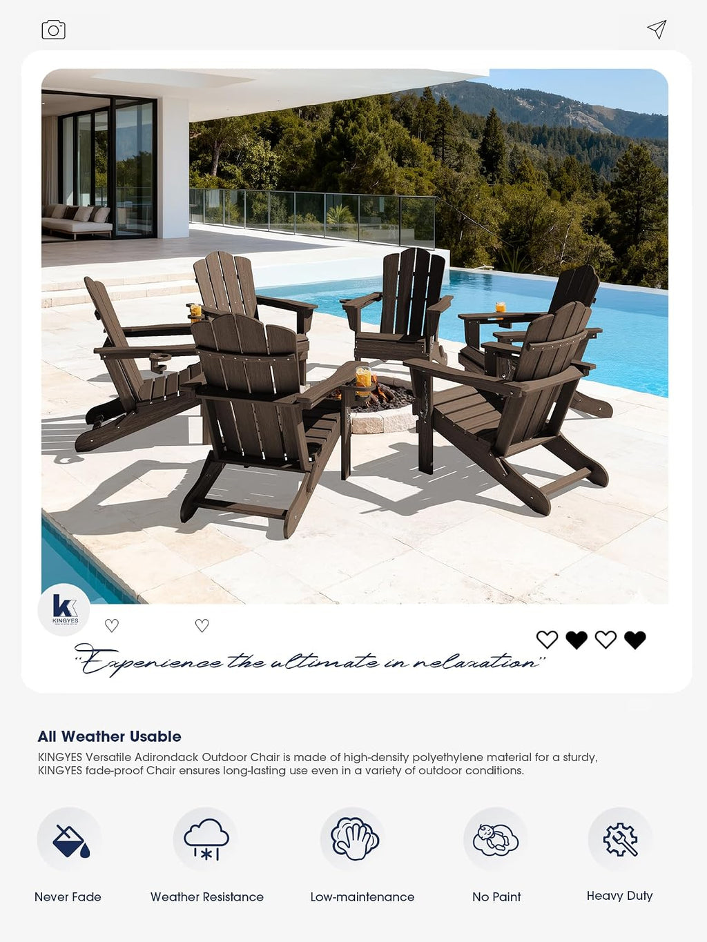 KINGYES Folding Adirondack Chair Set of 4 with Cup Holder, Coffee