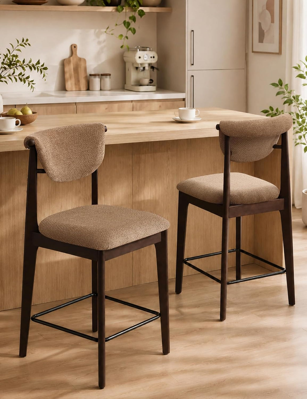 30" Counter Height Bar Stools Set of 2, Solid Wood Legs, Camel Brown