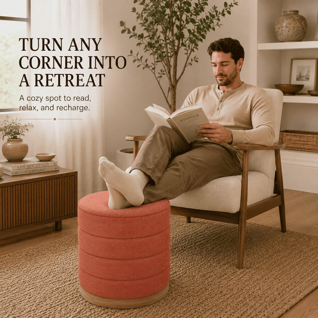 Linen Storage Ottoman Round Footrest with Hidden Storage, Coral Orange 16" L X16 W X 17" H