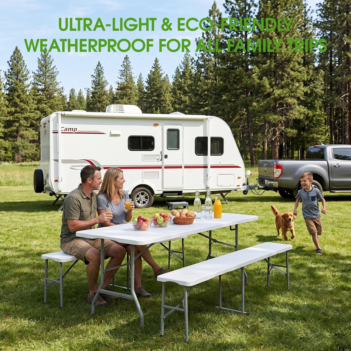 Folding Table Picnic Table Set with 2 Benches, 6 ft Camping Table Chair Set