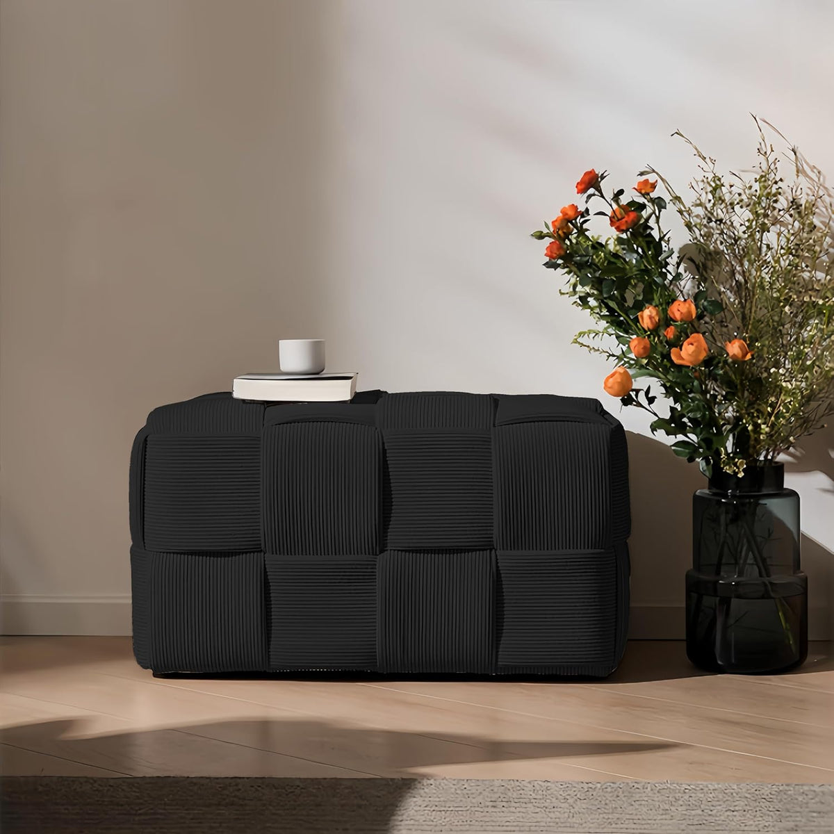 cmishe 28" rectangular woven corduroy ottoman footrest showing dimensions