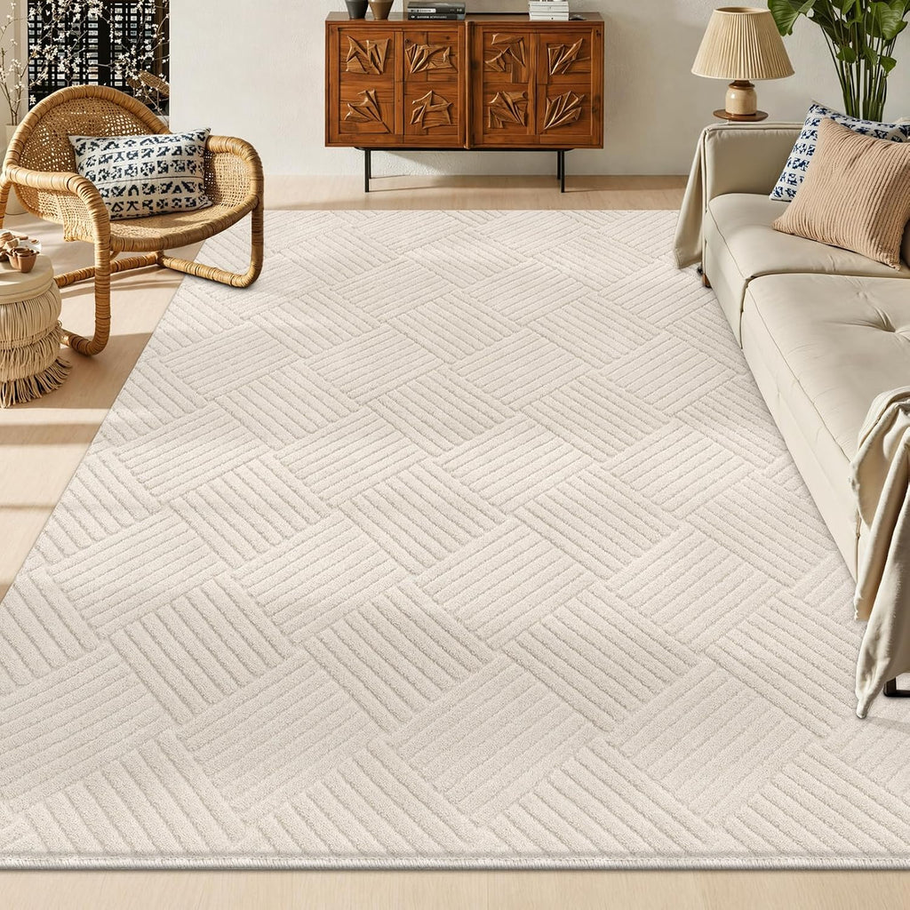 Vaukki 5x7 Living Room Area Rug, Beige Soft Geometric Fluffy Bedroom Mat