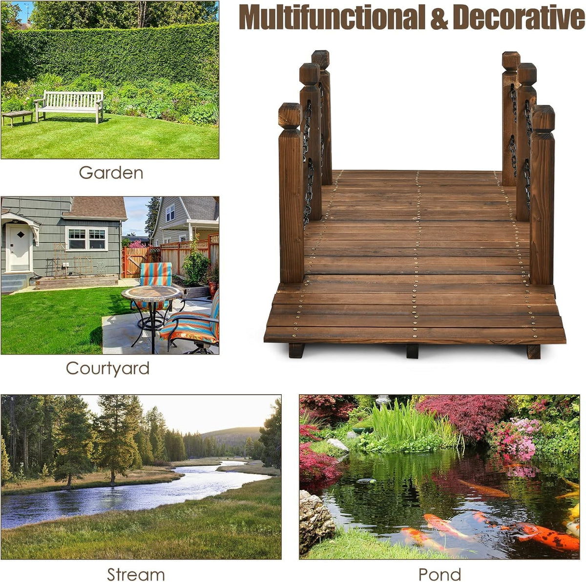 HAPPYGRILL 5FT Wooden Bridge with Safe Chain Railings