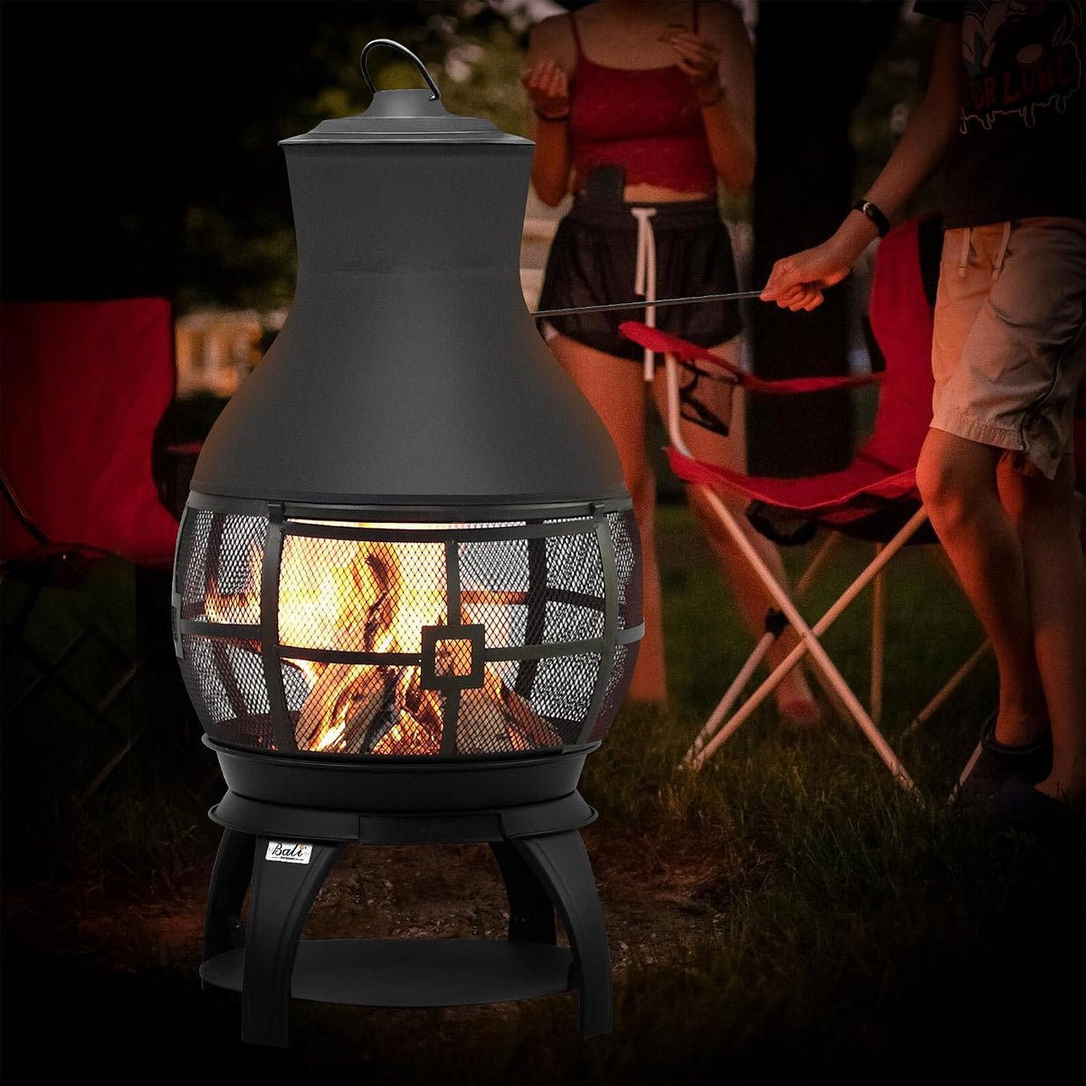 bali outdoors fire pit wood burning chiminea outside, front angle view