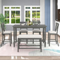 LUMISOL Counter Height Kitchen Table Set with Bench and Chairs for 6 Rustic Solid Wood Dining Room Table Set with Bottom Shelf for Storage, Gray