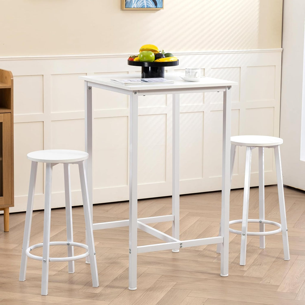 Finnhomy Bar Table Set, 23.6" Pub Table High Top Table, Square Bar Height Table, Bar Table with Stools, Kitchen Table Set for 2, Industrial Breakfast for Kitchen, Living Room, White