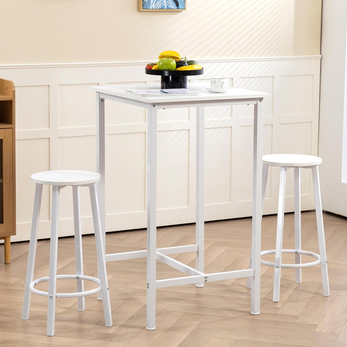 Finnhomy Bar Table Set, 23.6" Pub Table High Top Table, Square Bar Height Table, Bar Table with Stools, Kitchen Table Set for 2, Industrial Breakfast for Kitchen, Living Room, White