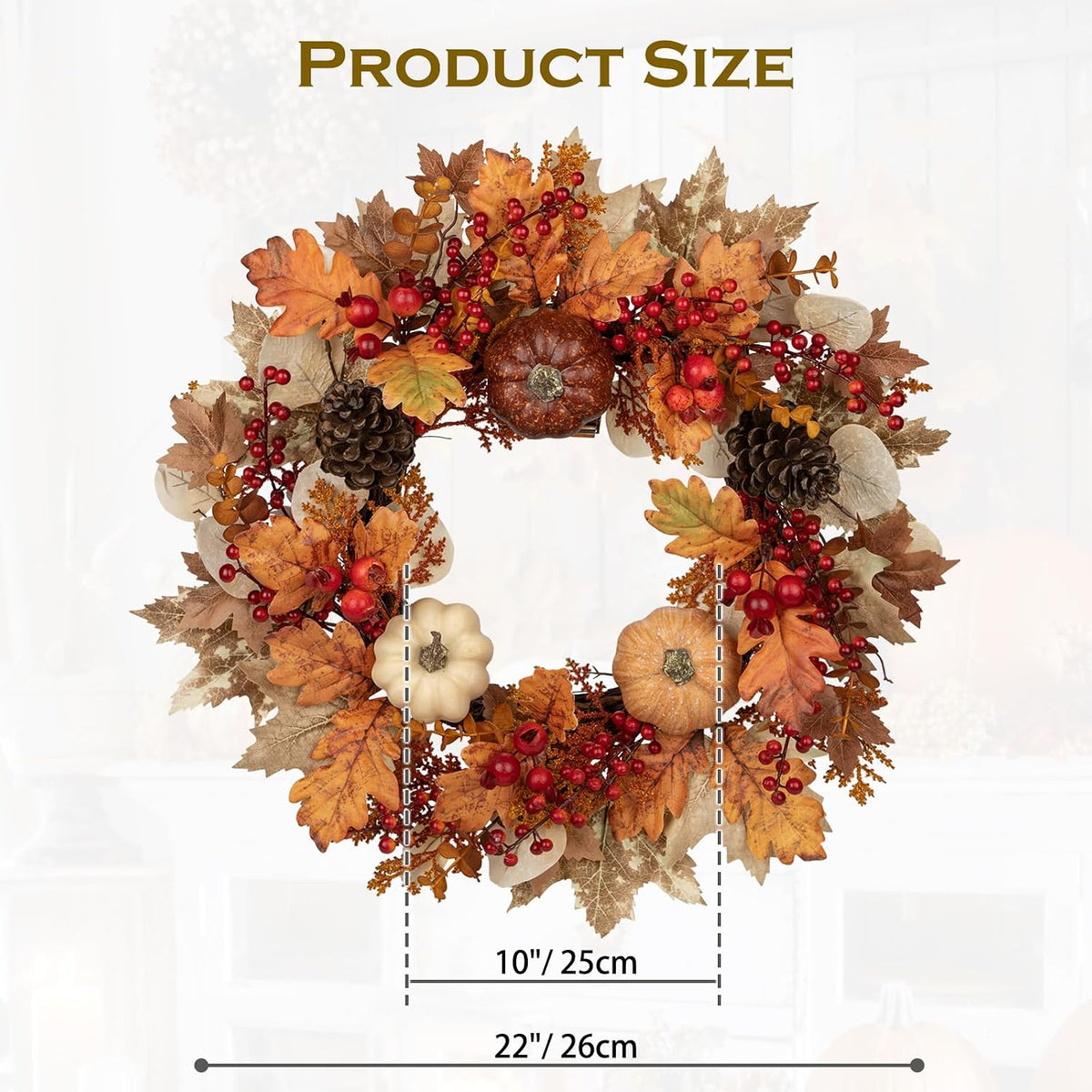 22" Artificial Fall Wreath for Front Door Autumn Harvest Wreath with Pumpkin Oak Maple Leaf Pine Cones Eucalyptus Berry for Halloween Thanksgiving Day Indoor Outdoor Farmhouse Window Wall Décor
