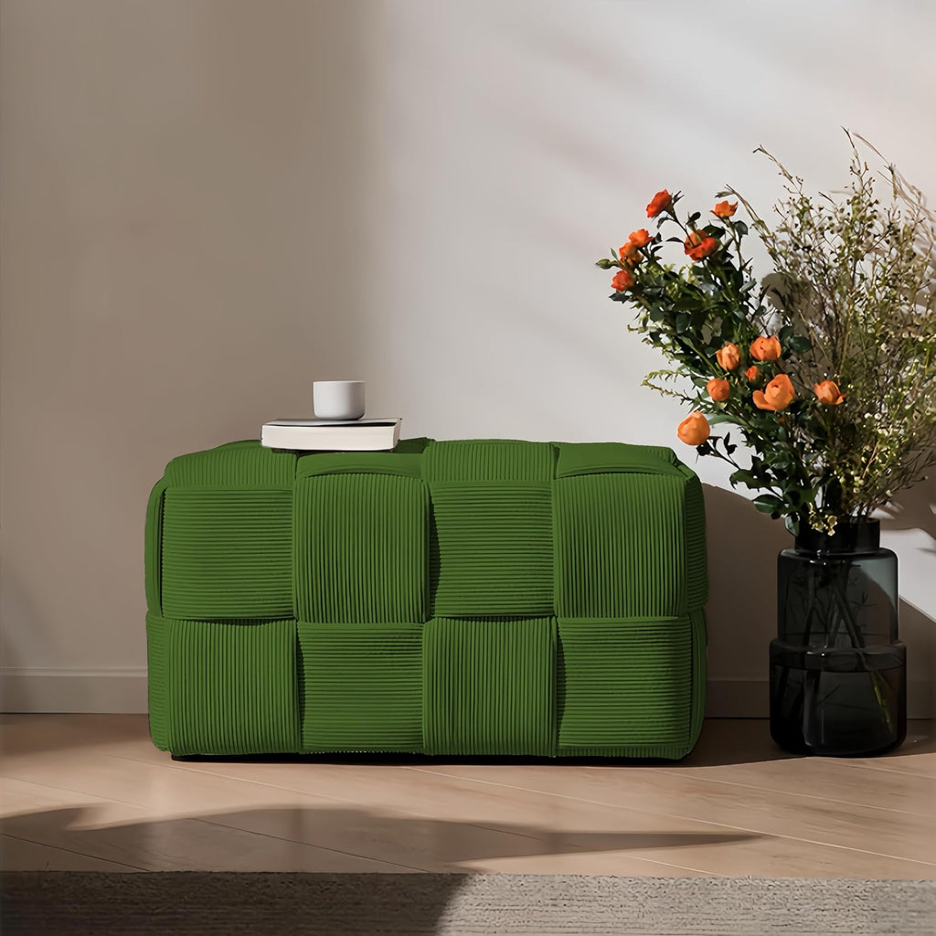 Cmishe 28" Rectangular Woven Corduroy Ottoman Footrest - Large Modern Entryway Bench & Bed End Stool, Sturdy Wood Frame, No Assembly (Green-L)