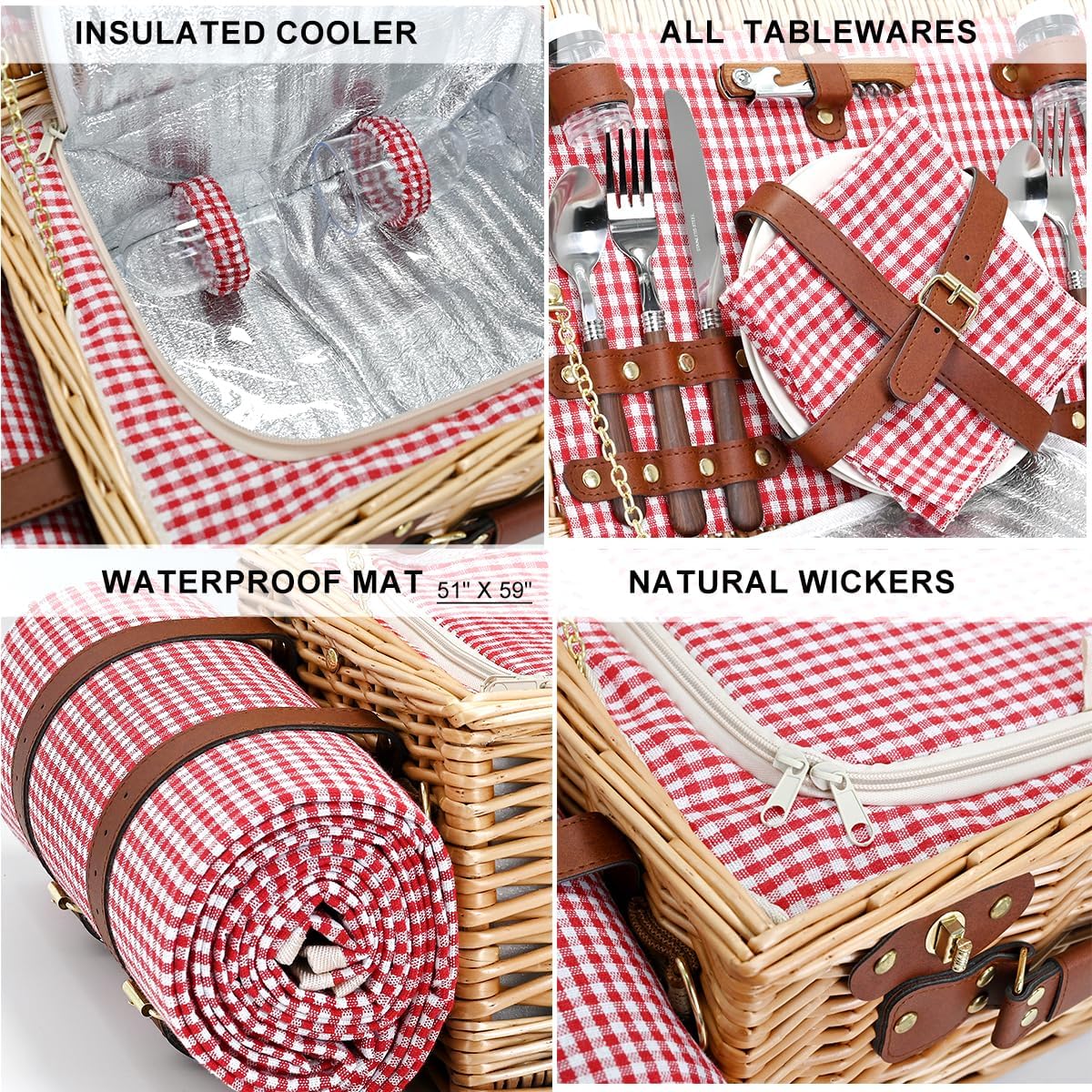 Picnic Basket with Blanket and Wine Pouch for 2, Wicker Picnic Set with Insulated Liner Cooler Bag Hamper for Camping,Wedding - Red Gingham