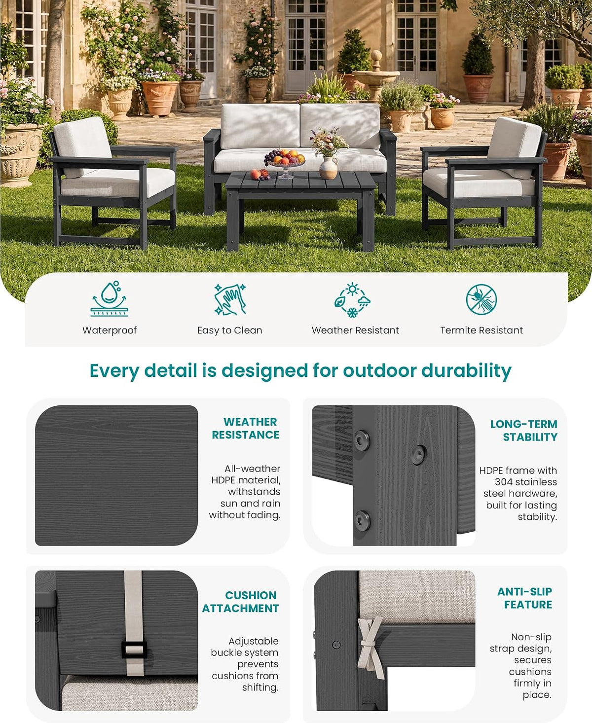 SERWALL 5 Pieces HDPE Outdoor Conversation Sofa Set with Cushion