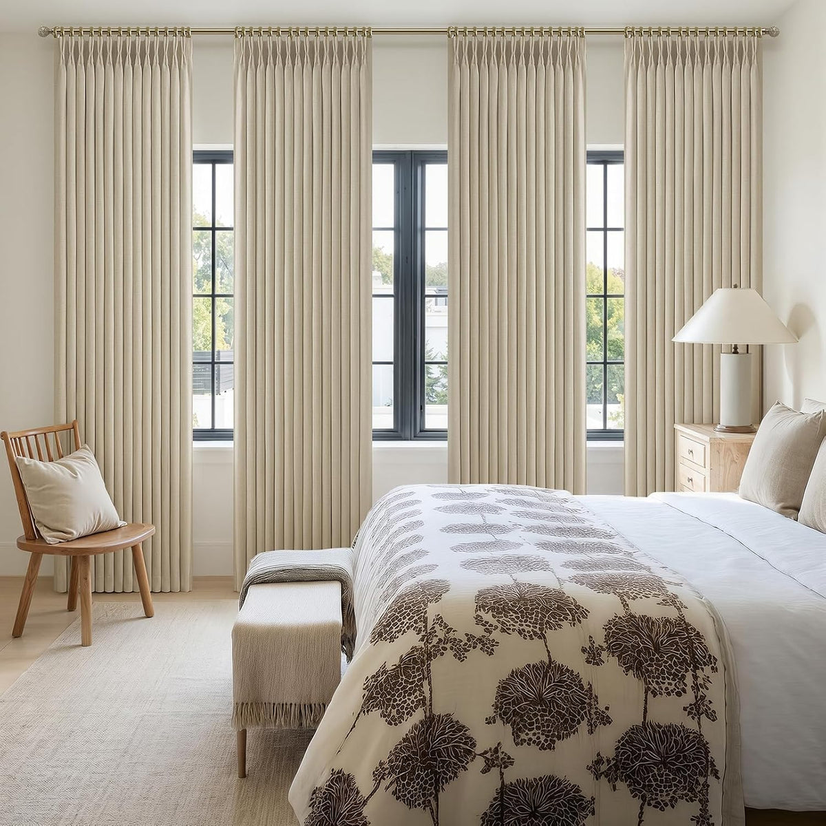 Pinch Pleated Linen Blackout Living Room Curtains 4 Panels Set 96 Inches Long, Natural Memory Trained Double Layer Linen Soundproof Thermal Modern Window Curtain & Drapes for Sliding Doors 8 FT Length