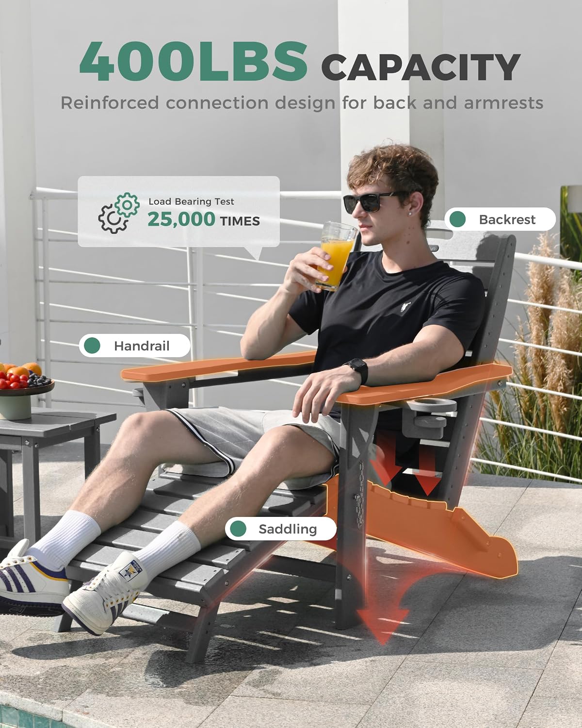 Adjustable Adirondack Chairs Set of 2 with Retractable Ottoman, HDPE Folding Adirondack Chair with 2 Cup Holders, Weather Resistant for Backyard, Poolside & Fire Pit (Grey)