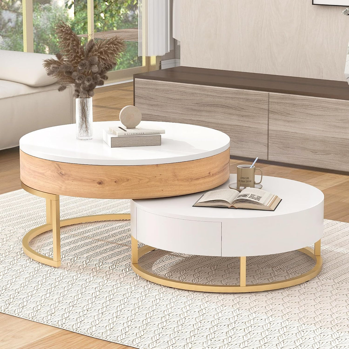 Modern Round Lift-top Nesting Coffee Tables with 2 Drawers for Living Room White & Natural