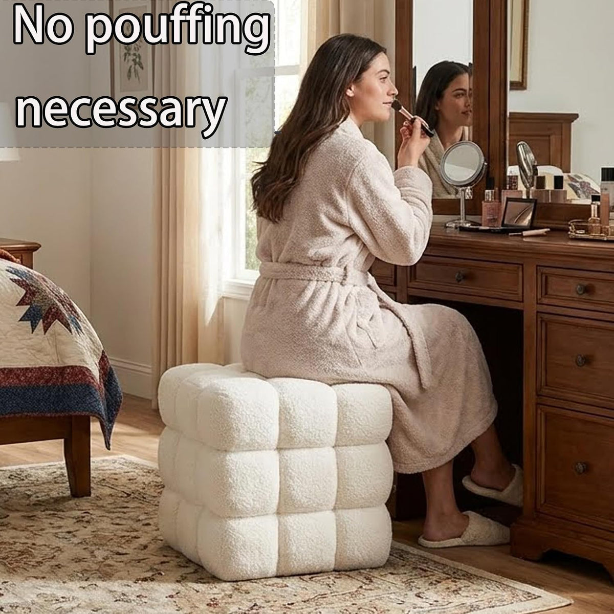 White Sherpa Square Ottoman - 17.3" Large Boucle Cube Pouf with Sturdy Wood Frame, 330lbs Capacity Modern Fuzzy Vanity Stool & Footrest for Living Room, Bedroom - Fully Assembled