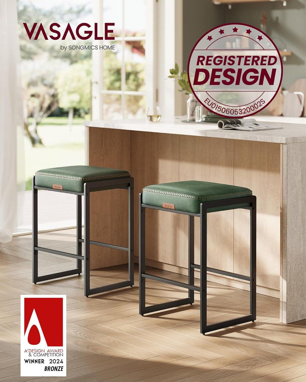 VASAGLE Bar Stools Set of 2, Counter Height, PU Leather, 26-Inch