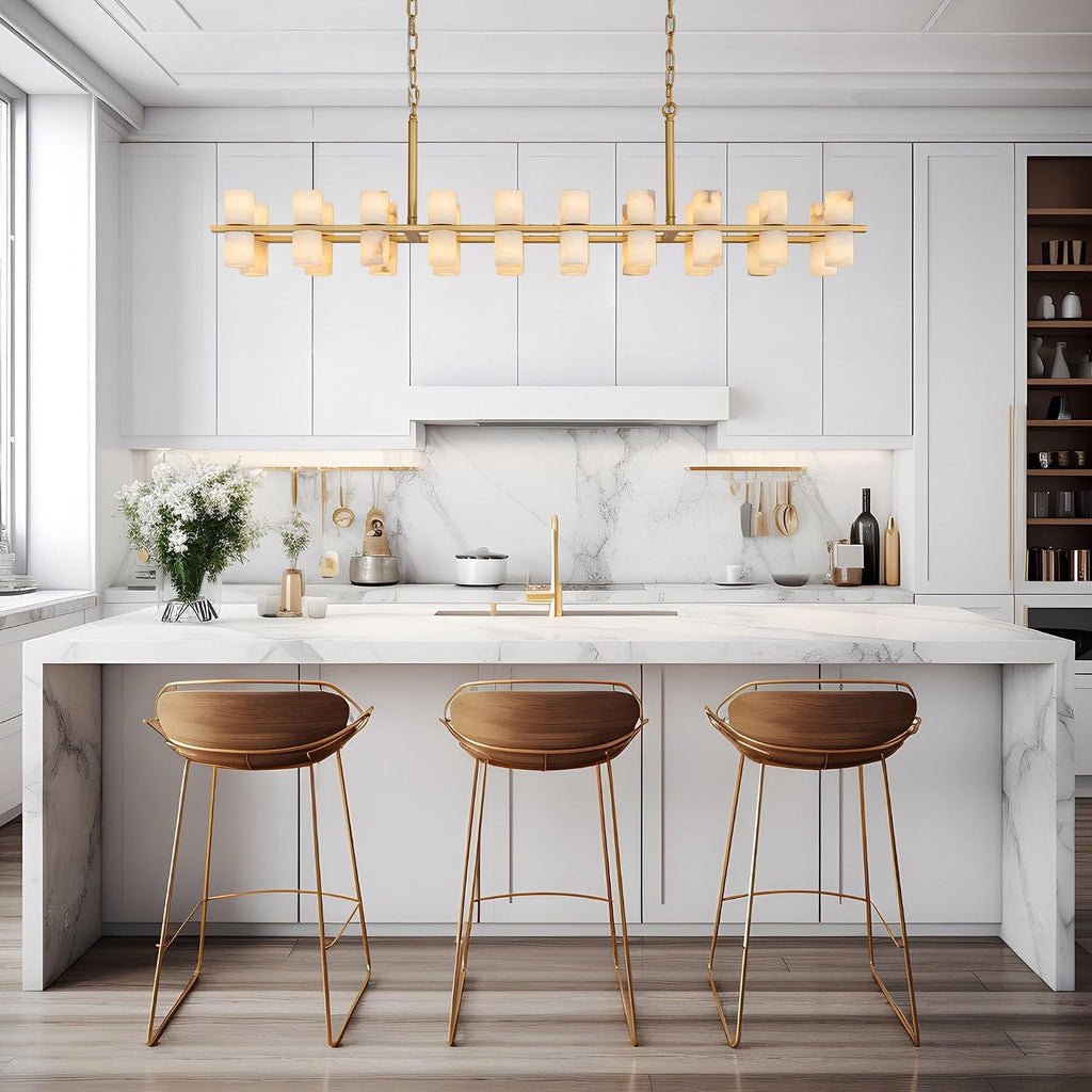 Alabaster Rectangular Chandelier for Dining Room, L54in Modern Chandeliers, Adjustable Marble Pendant Light Fixture, Rectangle Chandelier for Dining Table Living Room Kitchen Island(Brass)