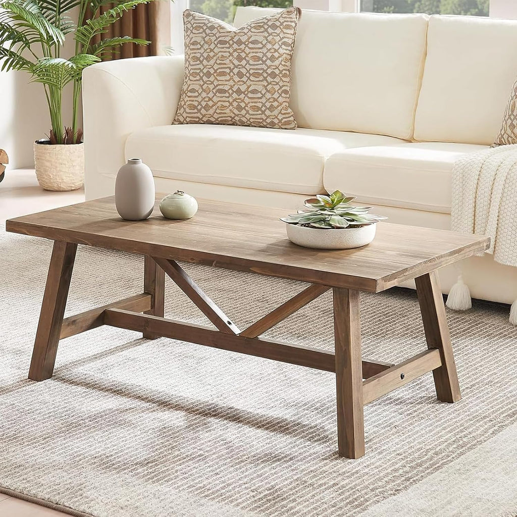 Wnutrees 43" Farmhouse Solid Wood Coffee Table, Rustic Rectangular, Natural