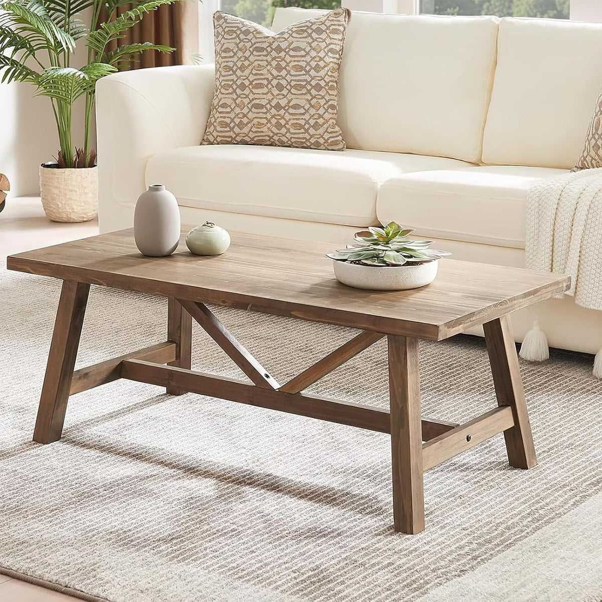 Wnutrees 43" Farmhouse Solid Wood Coffee Table, Rustic Rectangular, Natural