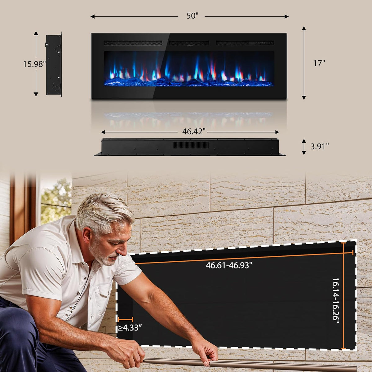 Manastin 50" Electric Fireplace Heater, Multi-Color Recessed Wall Mounted