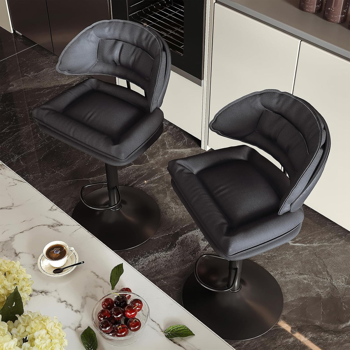 Nalupatio Modern Bar Stools Set of 2, Spacious Ergonomic Double-Layer Cushion Upholstered Swivel Bar Stools with Backrest, Adjustable for Kitchen Island,（Charcoal Black）