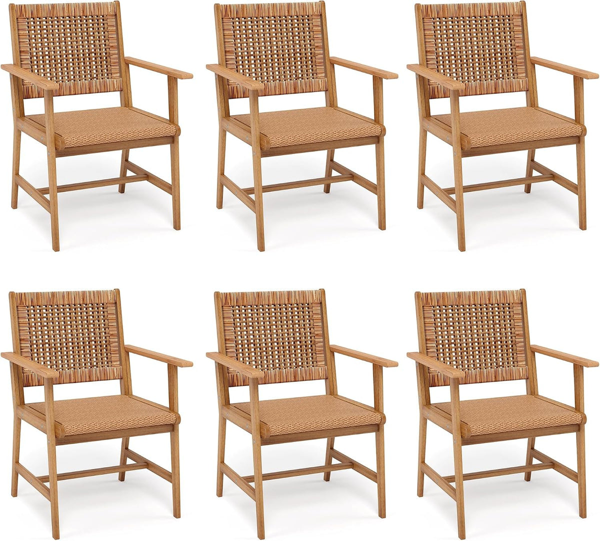 PHI VILLA Patio Dining Chairs, Set of 6, Acacia Wood & Wicker, Wood