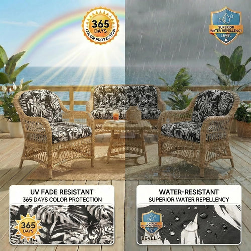 1 MIDDLE ONE Wicker Chair Cushions 3 Pieces Set for Outdoor Furniture, Replacement Patio Wicker Furniture Cushions, 1Pc Loveseat Cushion & 2Pcs Chair Cushions (Black Monstera)