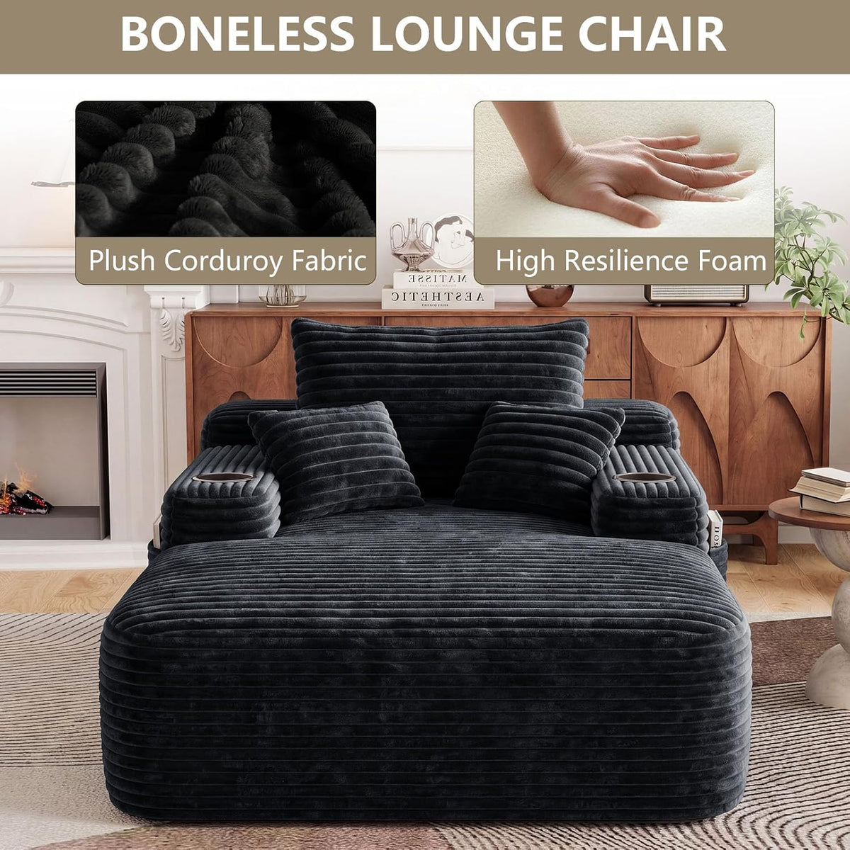 65" Chaise Lounge Chair Indoor with Cup Holders & Side Pocket, Oversized Boneless Lounger Chairs Indoor with 3 Soft Pillows, Deep Seat Reading Lounge Couch for Living Room, Apartment, Black