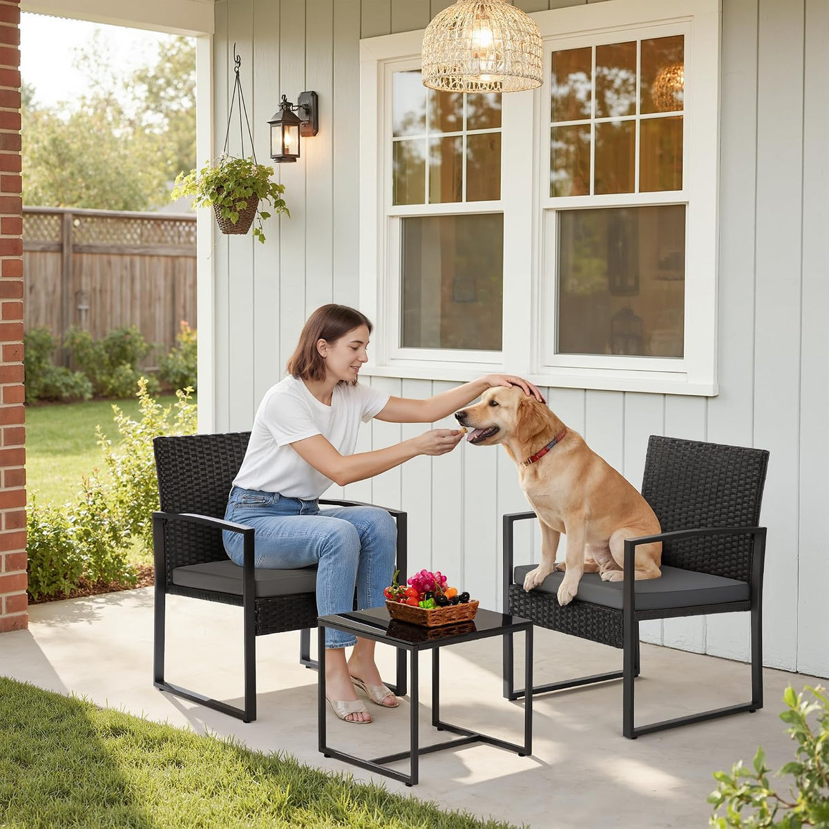 Greesum 3 Piece Wicker Conversation Bistro Sets Outdoor Patio Set(Grey)