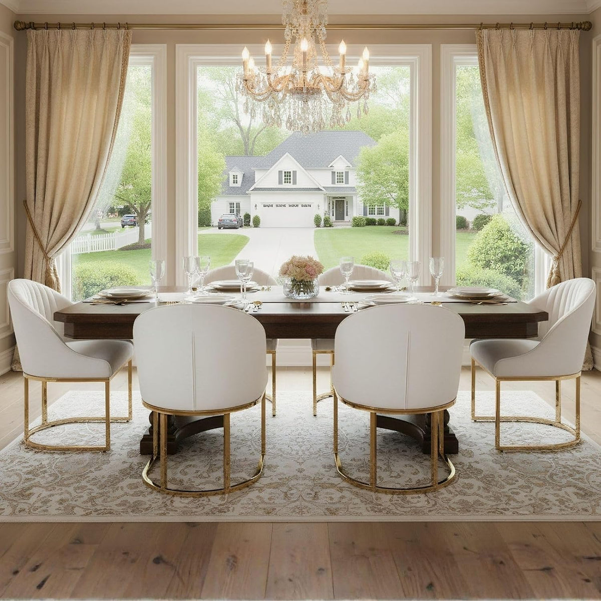 Hyfirm Modern Upholstered Boucle Dining Chairs Set of 6 w/Gold Legs, Beige