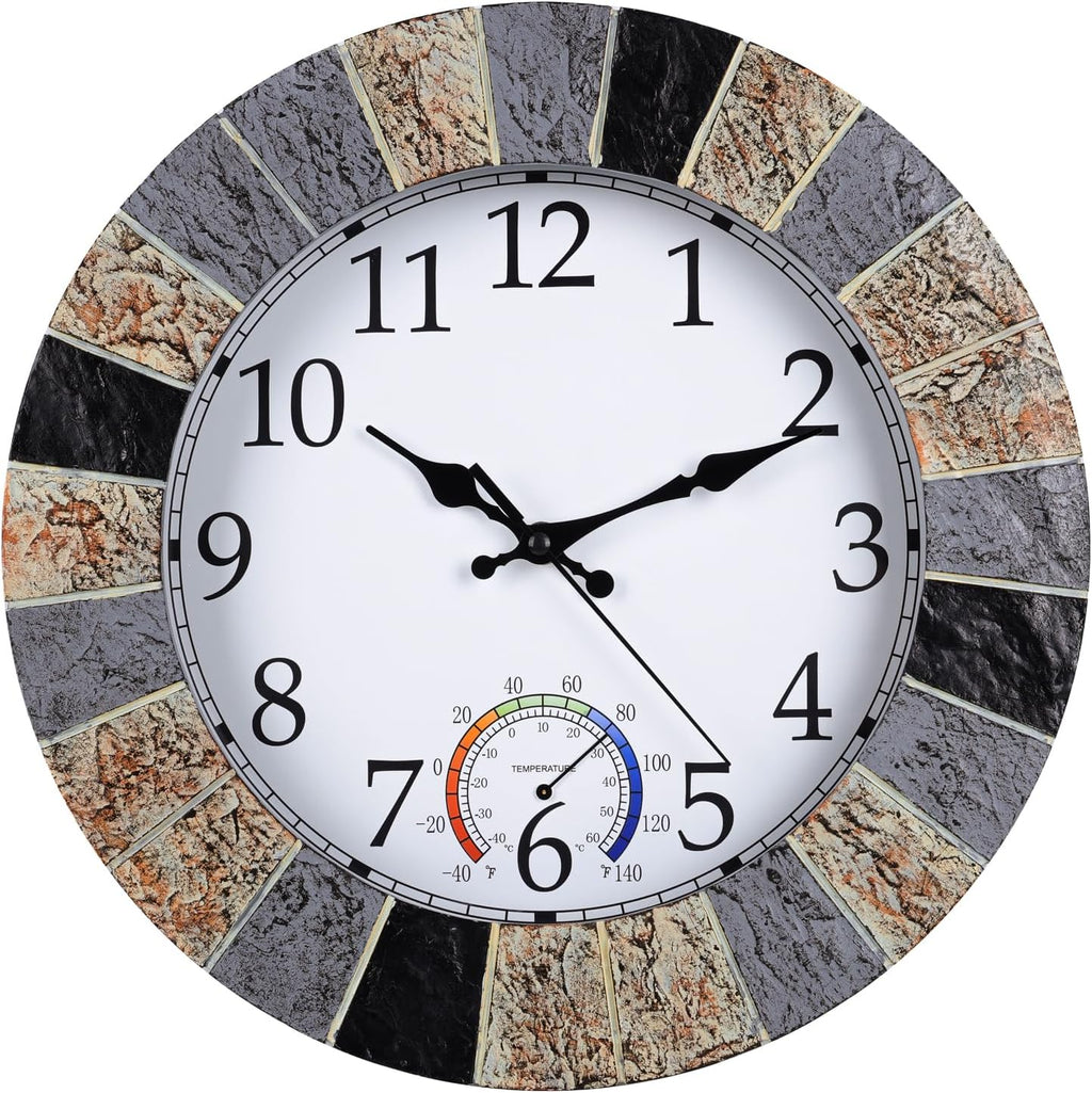 Outdoor Clock Waterproof with Thermometer, 13 Inch Silent Rustic Resin Wall Clock Weatherproof Decor for Patio Pool Garden Porch, Faux-Stone Brown