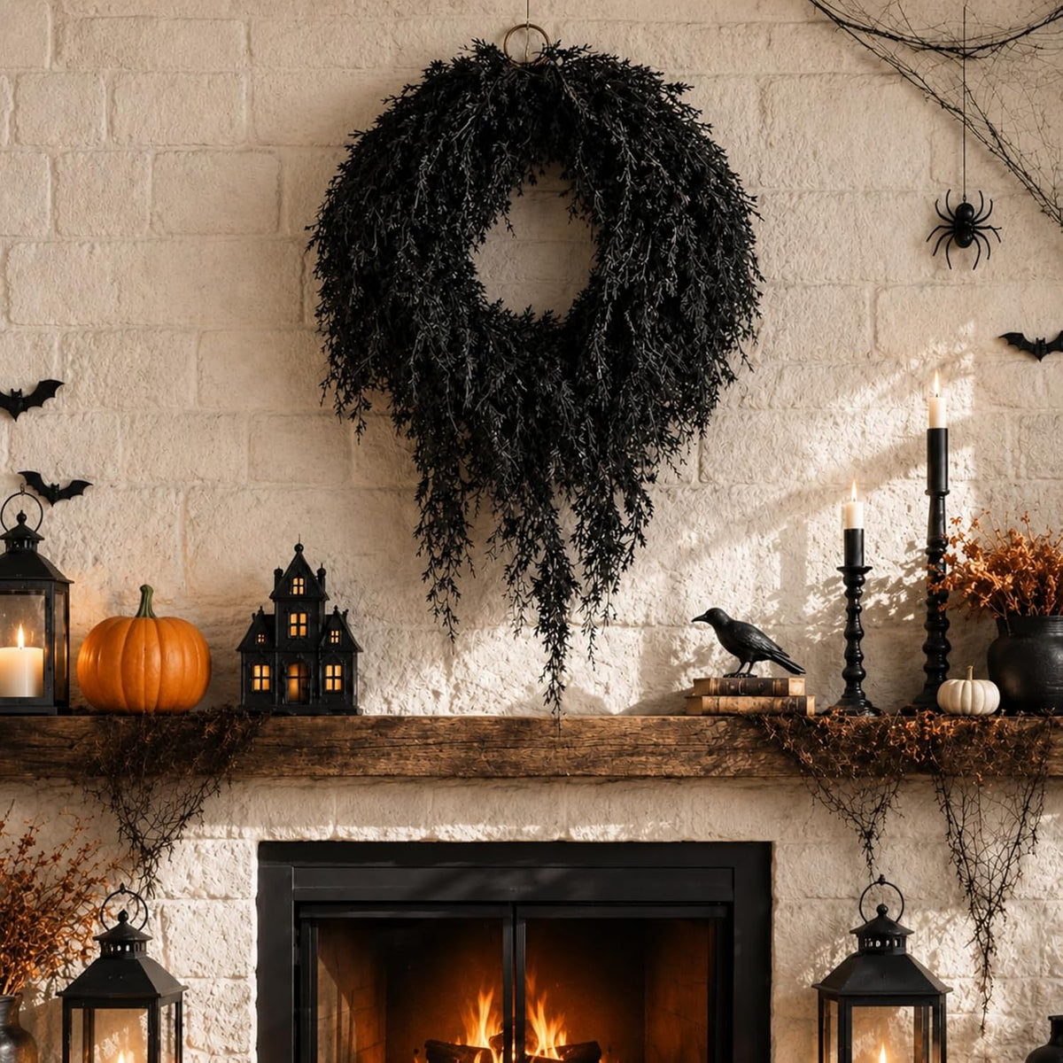Yunlly 25" Dark Green Halloween Wreath for Front Door, Gothic Style