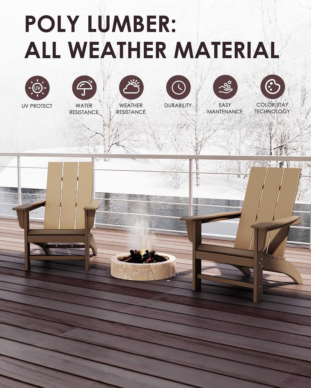 Poly Lumber Adirondack Chairs Set of 2, All-Weather Resistant Outdoor Patio Chairs, Look Like Wood, Pre-Assembled Outdoor Fire Pit Chair for Pool, Deck, Backyard, Garden, Weather Wood