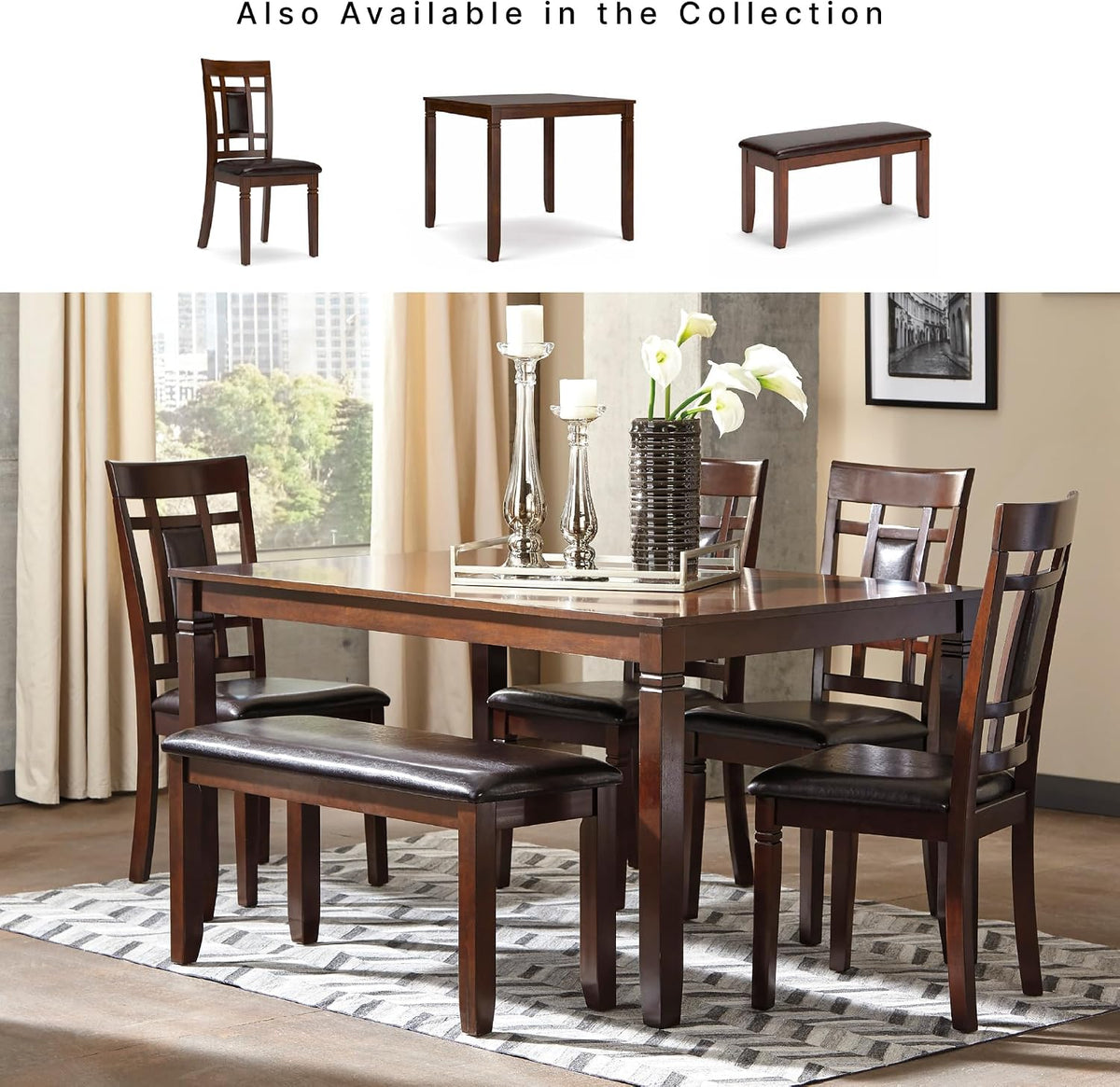 Signature Design by Ashley 6-Piece Dining Table Set with Bench, Dark Brown
