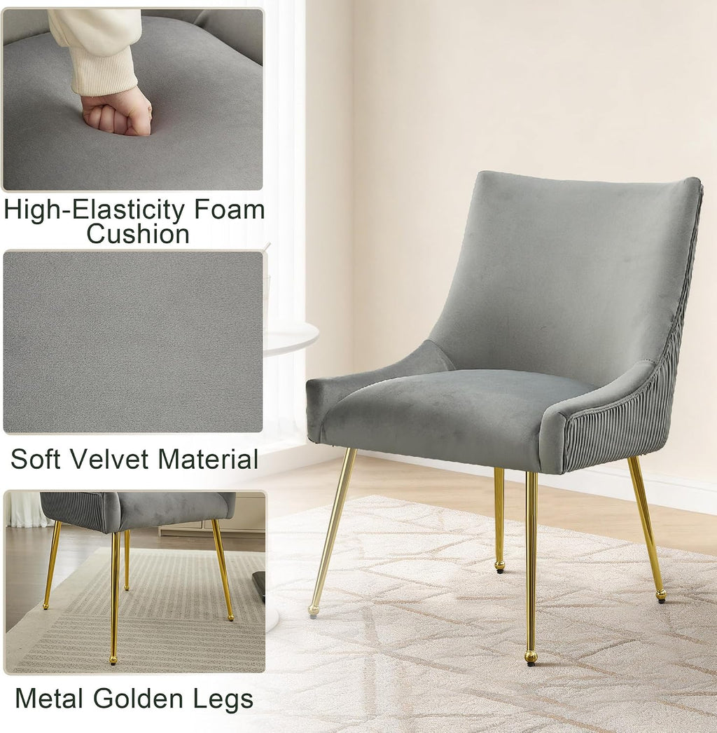 Upholstered Modern Grey Velvet Dining Chairs Set of 6 with Gold Metal Legs
