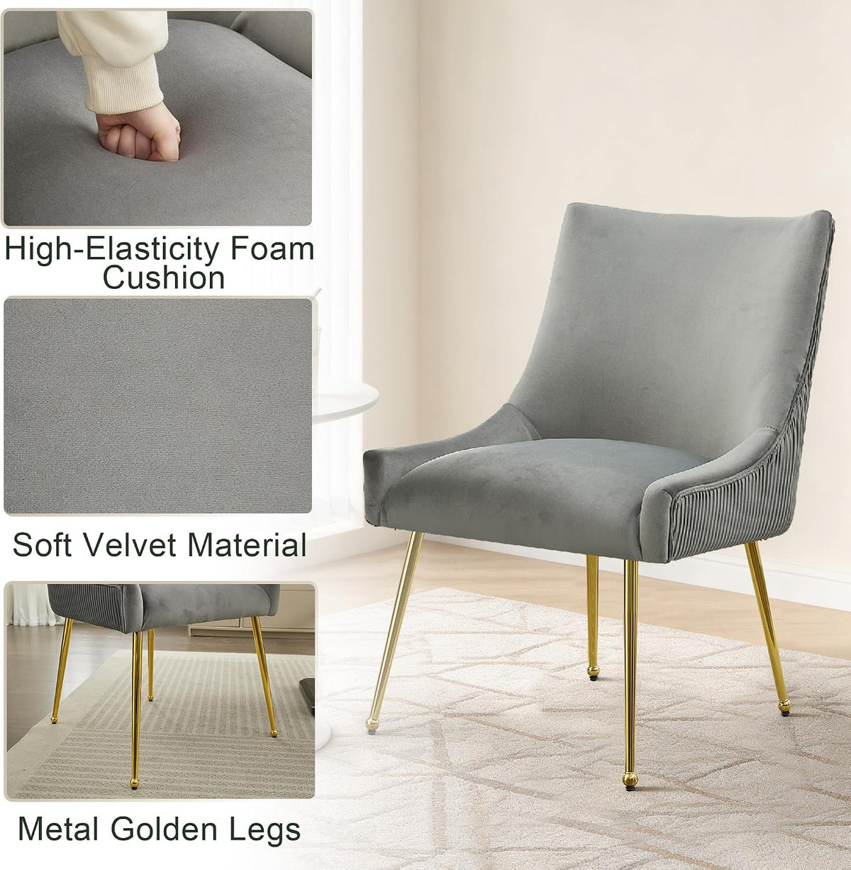 Upholstered Modern Grey Velvet Dining Chairs Set of 4 with Gold Metal Legs