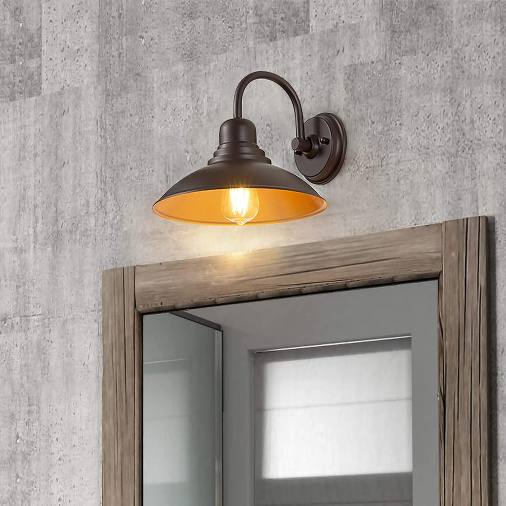 GOLDHILL 10.5" Bronze Gooseneck Metal Outdoor Barn Light, Powder Coated Farmhouse Porch Light with Gold Interior, Wet Location Rated Exterior Sconce for Porch, Garage, Bathroom Vanity